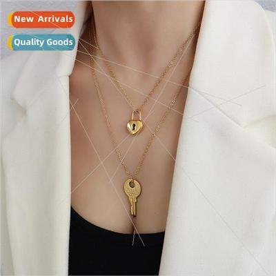 French key locket pendant necklace tanium steel gold collarb