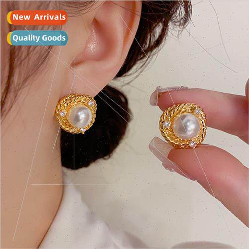 plating simple retro HK fashion texture metal pearl earrings