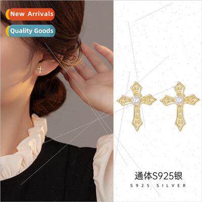 s925 silver Korea set single diamond zircon cross earrings s