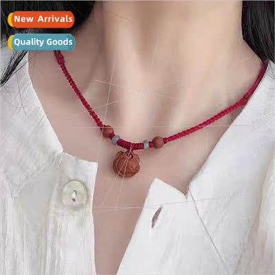 Wooden Peach Kernel Red Rope Necklace Braided Ladies Real Ma
