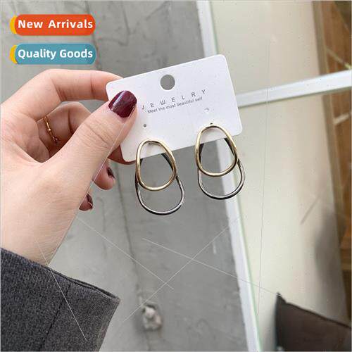 Silver needle Korea geometric irregular hollow oval earrings