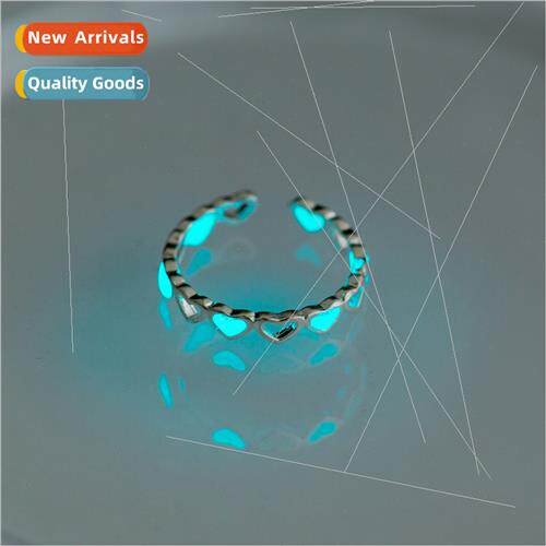Heart-shaped luminous blue green hollow love ring female cre