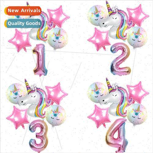 6pcs set rainbow unicorn gradient number balloon set 32 inch