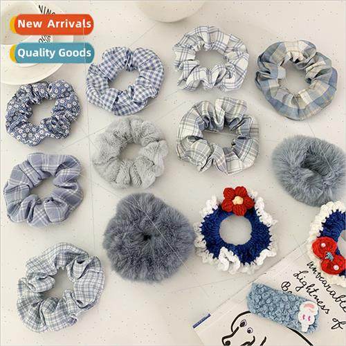 ght blue plaid sausage hair ring simple sausage ring fat sau