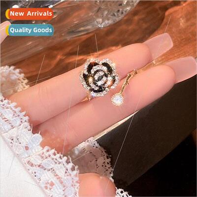Black Camellia Flower Open Ring Women Adjustable che Fashion