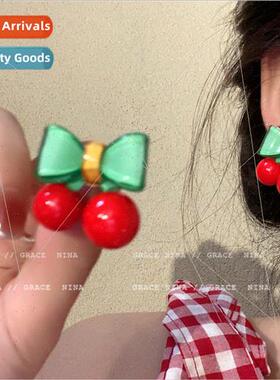 Cute bow cherry earrings female fresh match fashion earrings