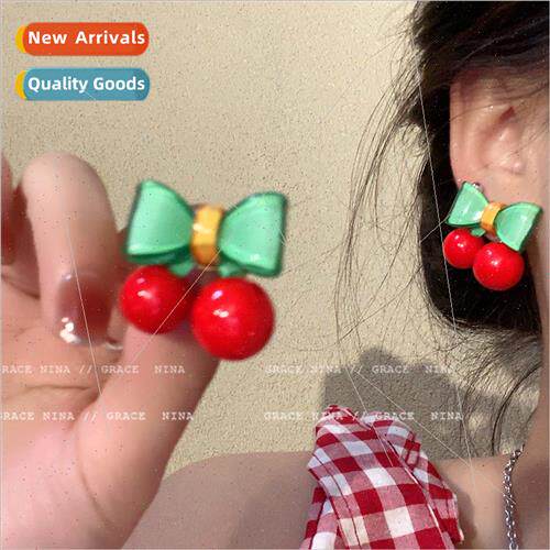 Cute bow cherry earrings female fresh match fashion earrings