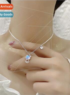 Inlaid moonstone cat necklace short sweet meow star cat paw