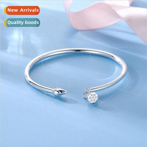 Hanging lotus lotus solid glossy silver bracelet silver  wom