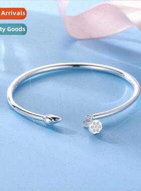 Hanging lotus lotus solid glossy silver bracelet silver  wom