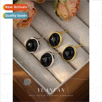 s925 silver simple black onyx earrings female retro geometri