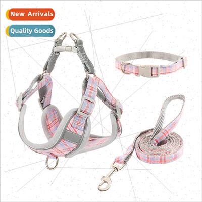 New pet chest strap leash plaid cotton cat dog reflective br
