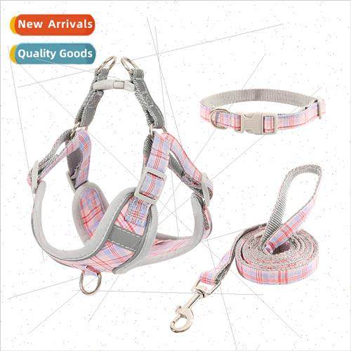 New pet chest strap leash plaid cotton cat dog reflective br