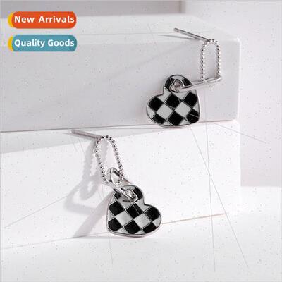 925 silver earrings niche ins heart fashion checkerboard ear