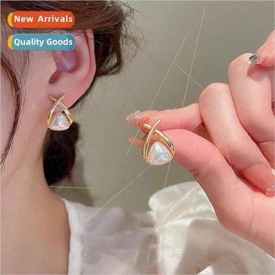 S925 silver needle classic cross pearl earrings earrings cli