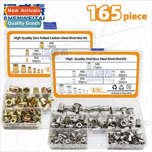 165PCS Rivet Nut Box Set Stainless Steel Flat Head Rivet Nut
