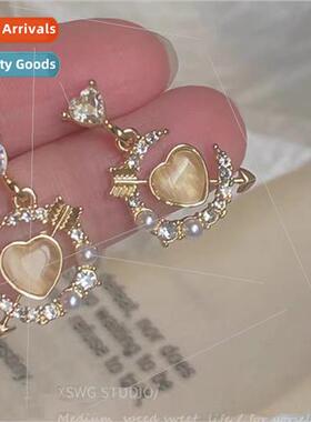Love Seine French gentle love heart cat eye stone earrings n