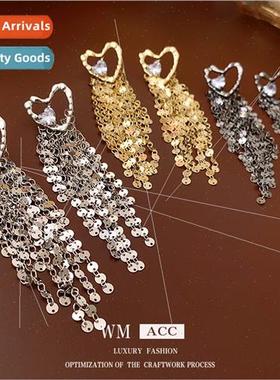 lver needle zircon love round sequins long tassel earrings E