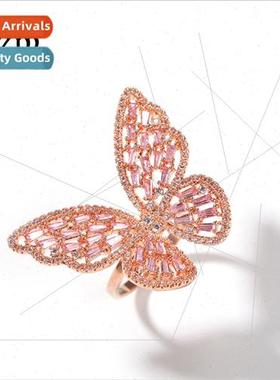 Europe hollow zirconia rose gold butterfly ring female fashi