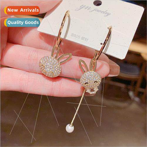 s925 silver pin new asymmetrical zirconia rabb earrings fash
