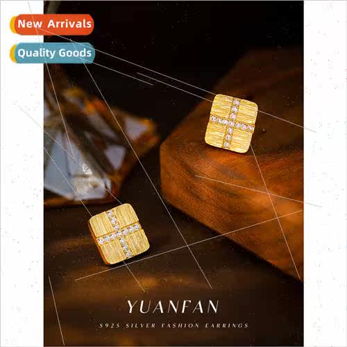 New s925 silver square brushed earrings female square zircon