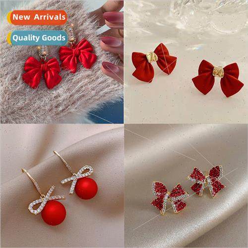 Korea fashion love heart earrings red bow imation pearl pend