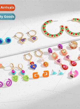 Oil-drip enamel craft multi-pair combination earrings Europe
