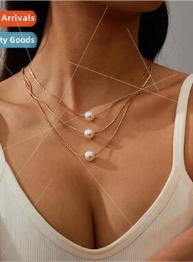 Europe multi-layer stacking faux pearl pendant necklace geom