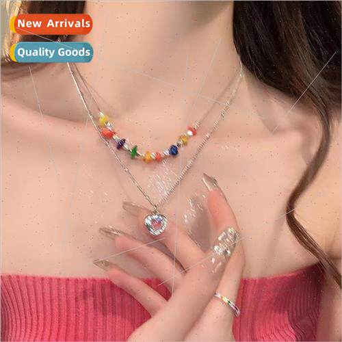 Colorful stone double stacked love pendant necklace female s
