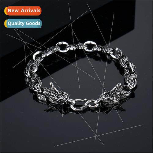 Vintage tanium steel men bracelet double dragon head s-shape