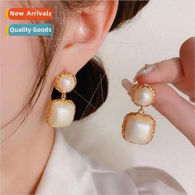 French vintage circle drop square earrings s925 silver pin e