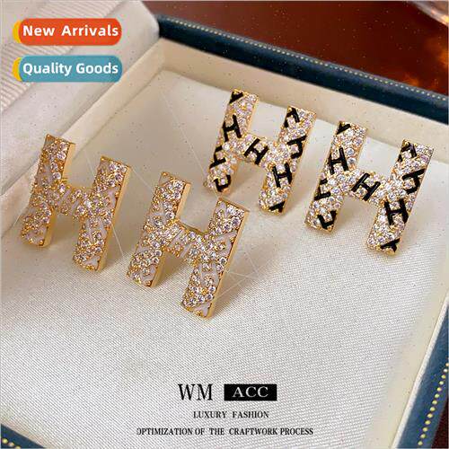 silver needle oil drop letter H zirconia earrings simple ear