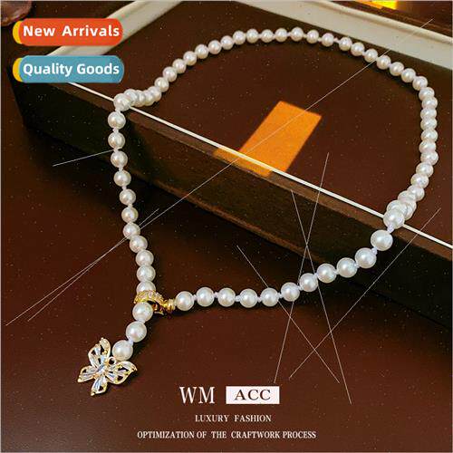 Plated Zirconia Butterfly Pearl Necklace French Versatile Sw