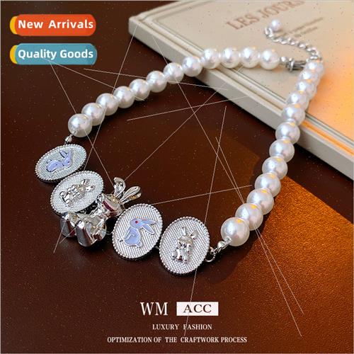 Drip oil oval metal rabb pearl necklace niche collarbone cha
