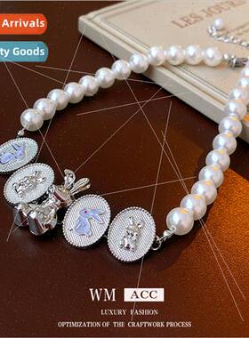 Drip oil oval metal rabb pearl necklace niche collarbone cha