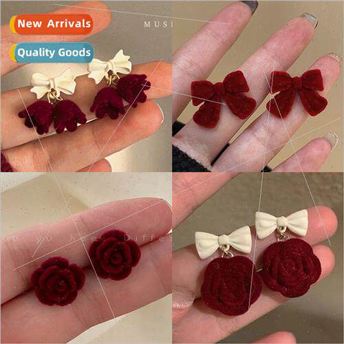 Burgundy flocking flowers bow earrings fall winter niche fes