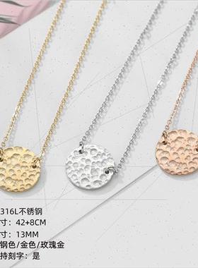 stainless steel Necklace Women mple Round Hammered Pendant E