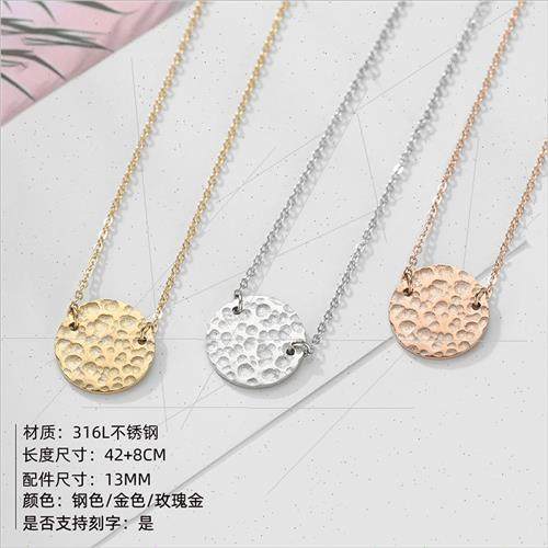 stainless steel Necklace Women mple Round Hammered Pendant E