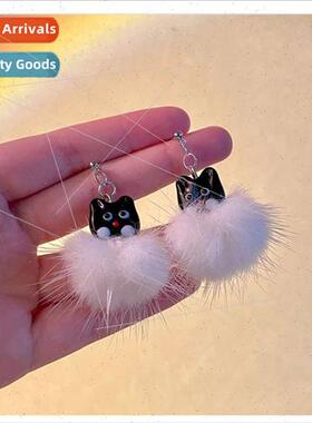 Winter new cute cat handmade mink fur pom pom earrings earri