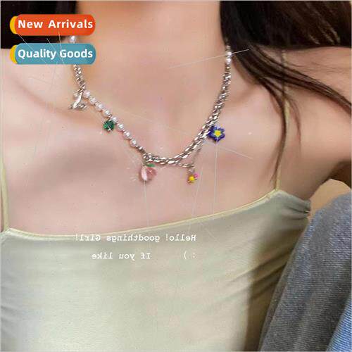things wind peach pearl patchwork necklace ins sweet girl hu