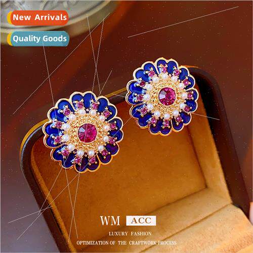 lver needle vintage oil drop pearl flower earrings fashion h