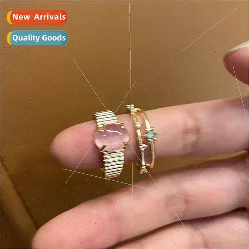 Pink cat eye stone ring female sweet niche open index finger