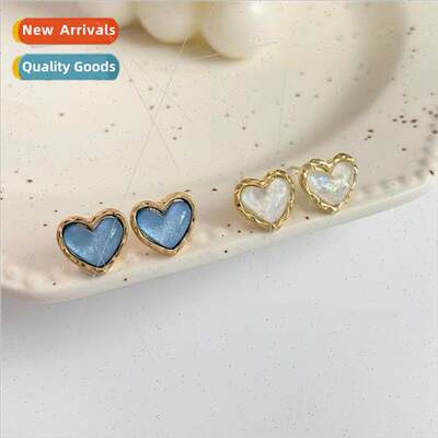 Vintage French Shell Fragment Heart Stud Earrings适用Women P