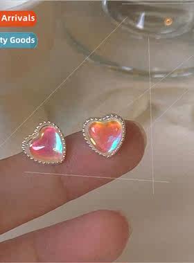 French small cat eye stone pink love earrings girls sweet si