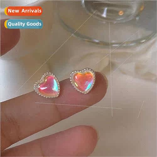 French small cat eye stone pink love earrings girls sweet si