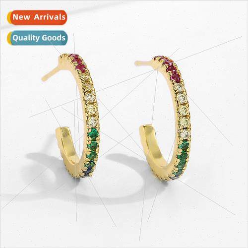Europe Colorful Zirconia Half Circle C Earrings Copper Plate