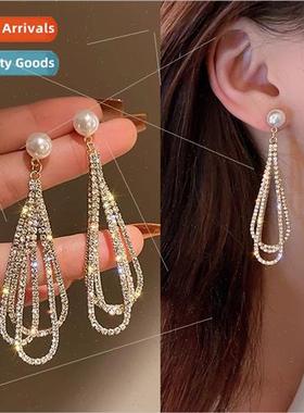Long full diamond droplet tassel earrings silver needle pear