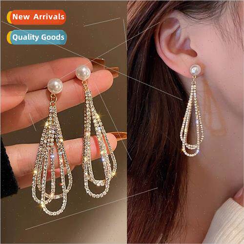 Long full diamond droplet tassel earrings silver needle pear