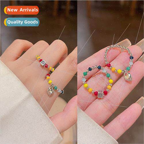 New versatile ins cute rainbow round bead ring color blockin