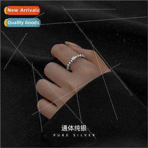 S925 silver simple square smiley face beaded ring light bead